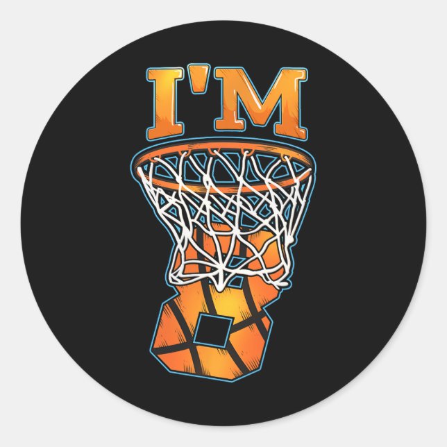 Sticker Rond Joueuse de basket-ball 8 Anniversaire I'm 8 Garçon (Devant)