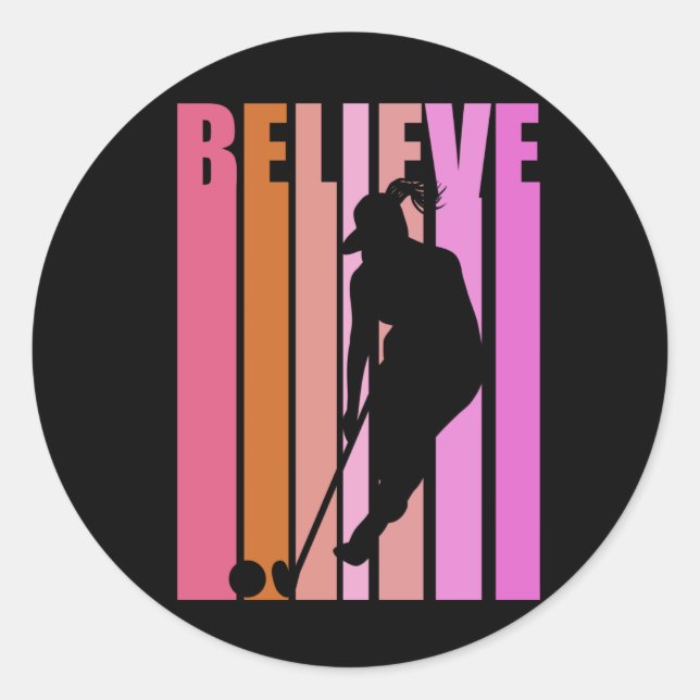 Sticker Rond Joueuse de hockey féminin Équipe de tournage Retro (Devant)