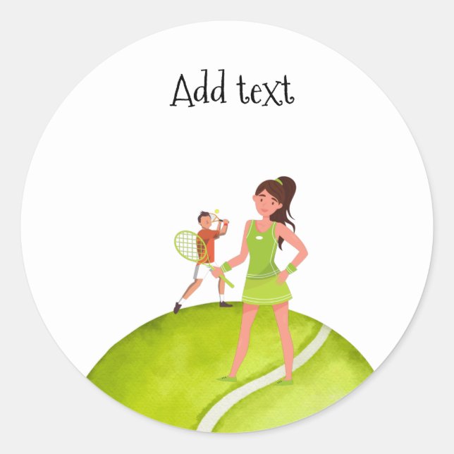 Sticker Rond Joueuse de tennis tient raquette et balle (Devant)