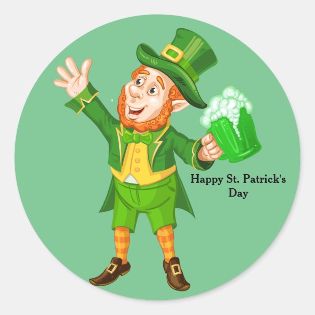 Sticker Rond Jour Animé de la Saint Patrick Leprechaun (Devant)