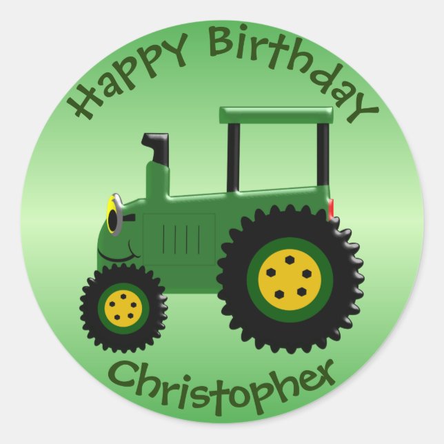 Sticker Rond Jour d'anniversaire du tracteur vert personnalisé (Devant)
