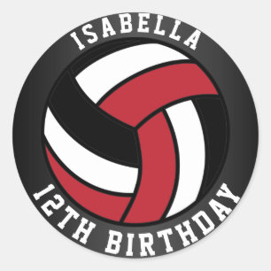 Sticker Rond Jour d'anniversaire du volley-ball noir, rouge fon