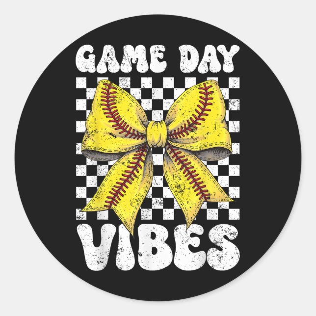 Sticker Rond Jour de jeu Vibes Coquette Bow Softball Mama Softb (Devant)
