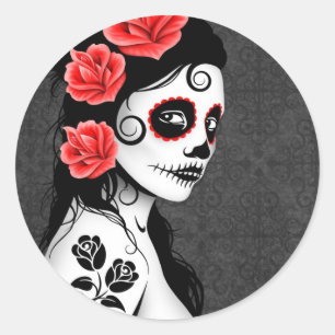 Sticker Rond Jour de la fille crâne de sucre mort - gris