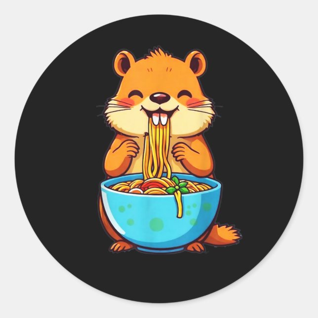 Sticker Rond Jour de la marmotte de terre Manger Ramen Joyeux J (Devant)