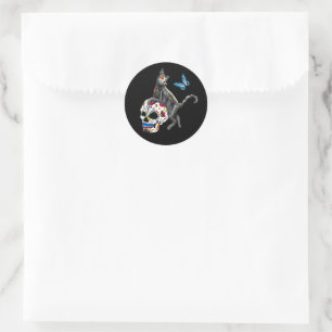 Sticker Rond Jour De La Morte Chat Crâne Sucre Et Papillon