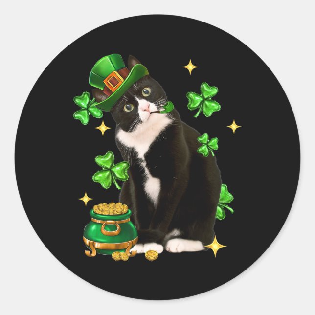 Sticker Rond Jour de la Saint Patrick Cute Tuxedo Chat Shamrock (Devant)