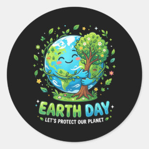 Sticker Rond Jour de la Terre mignon Planète Étreignant Arbre A