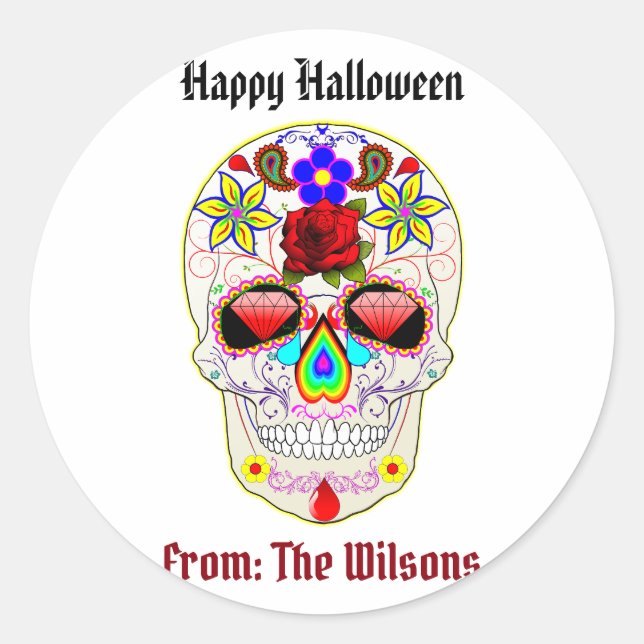 Sticker Rond Jour de l'Halloween du crâne de sucre personnalisé (Devant)