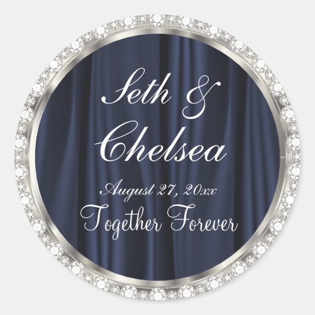 Sticker Rond Jour de mariage Marine Satin Bleu & Diamants Faux (Devant)