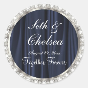Sticker Rond Jour de mariage Marine Satin Bleu & Diamants Faux