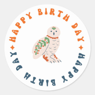 Sticker Rond jour de naissance heureux hibou sauvage autocollan