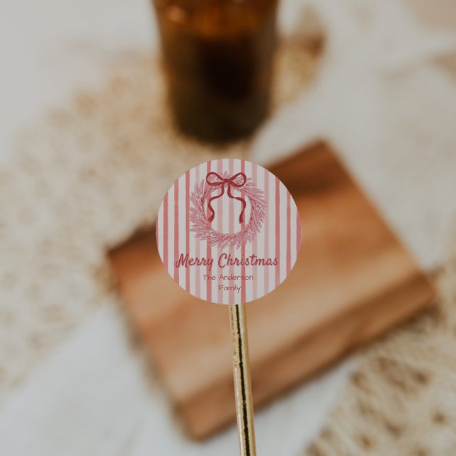 Sticker Rond Jour de Noël de la couronne rouge rose rétro (Créateur téléchargé)