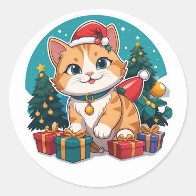 Sticker Rond Jour de Noël du chat (Devant)