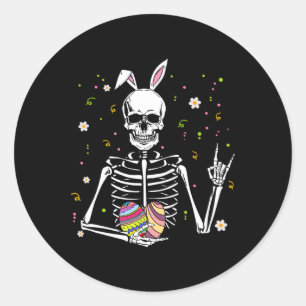 Sticker Rond Jour de Pâques Crâne Squelette Bunny Rock Main Roc