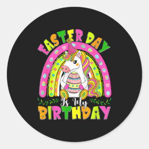 Sticker Rond Jour de Pâques est mon anniversaire Licorne Œufs e