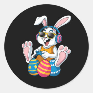 Sticker Rond Jour de Pâques Rabbit Gamer Funny Jeux Vidéos Garç
