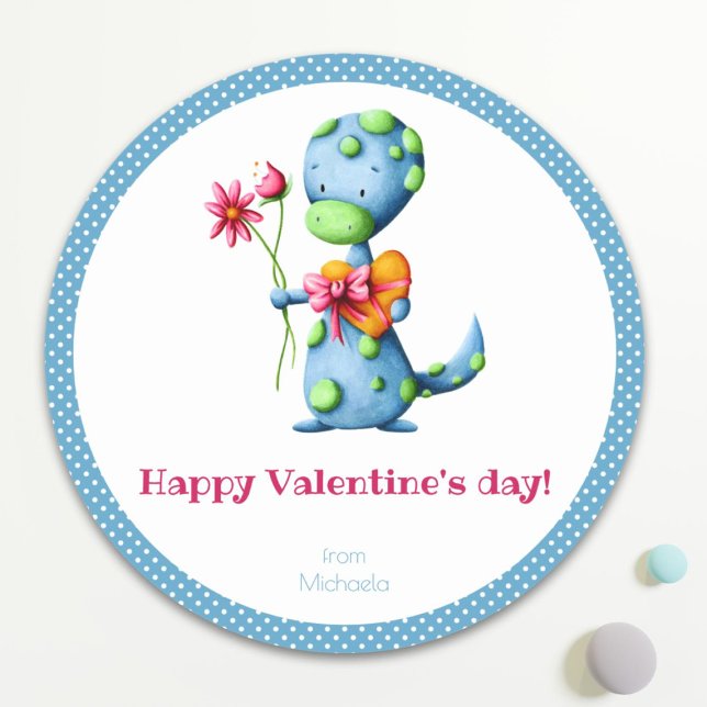 Sticker Rond Jour des enfants Valentines Dinosaure Bleu (Créateur téléchargé)