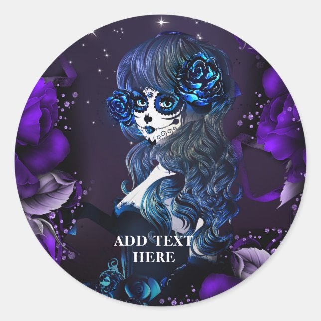 Sticker Rond Jour des Morts Mexicaine Fille Anniversaire Purple (Devant)