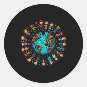 Sticker Rond Jour des terres cool Les enfants luttent contre le