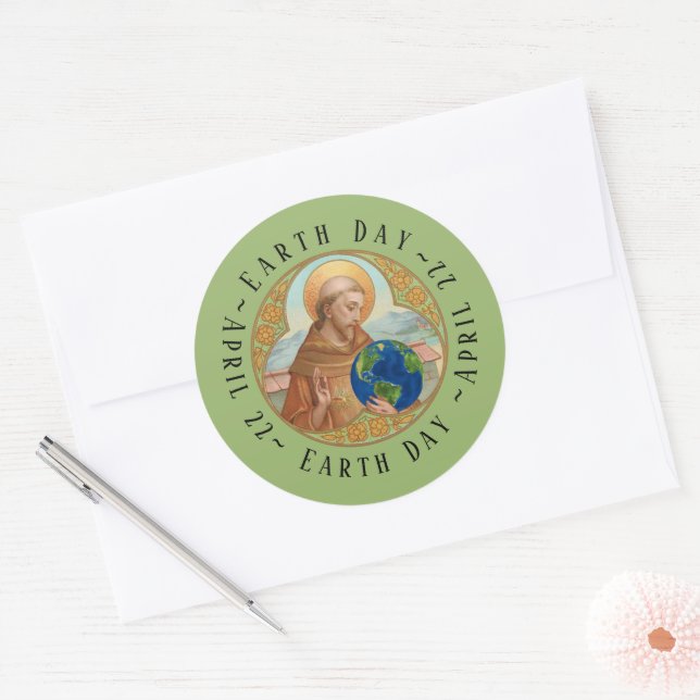 Sticker rond jour des terres et Saint François d'A (Enveloppe)