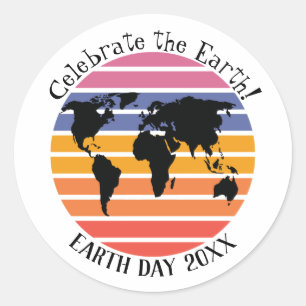 Sticker Rond Jour des terres Monde Carte Retro Sunset Silhouett