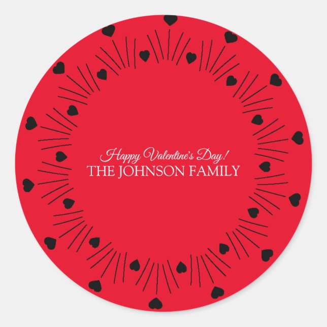 Sticker Rond Jour des Valentines Main Tirée Coeurs Rouge Noir (Devant)