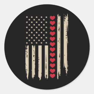 Sticker Rond Jour des Valentines vintages American Flag Hearts