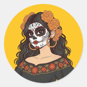 Sticker Rond Jour Día de Muertos des Marigolds de la Catrina Mo