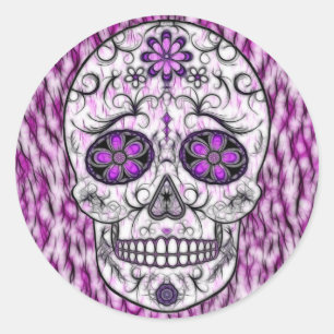 Sticker Rond Jour du crâne de sucre mort - rose et violet 1.0