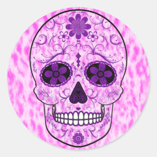 Sticker Rond Jour du crâne de sucre mort - rose & violet