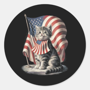 Sticker Rond Jour du Souvenir Chat Drôle Chat 4 Juillet Patriot