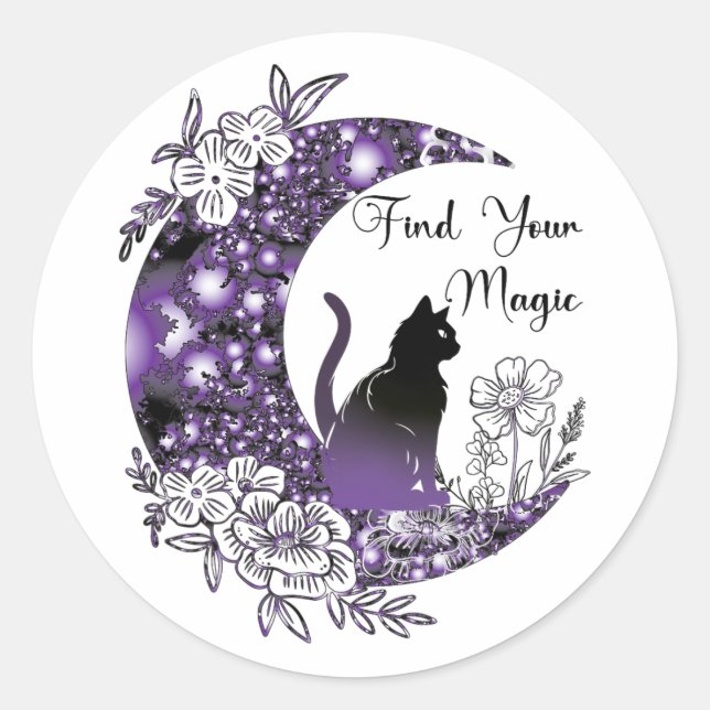 Sticker Rond Jour Graphique Mystique Céleste Noir Chat Lune (Devant)