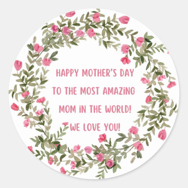 Sticker Rond jour mère heureuse aquarelle florale rose vert (Devant)