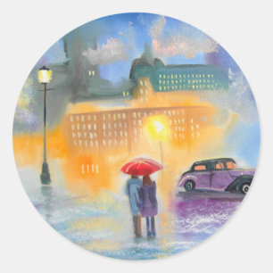 Sticker Rond Jour pluvieux rouge parapluie romantique couple ma
