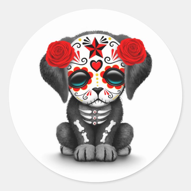 Sticker Rond Jour rouge mignon du chien chiot mort blanc (Devant)