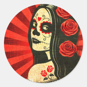 Sticker Rond Jour rouge vintage de la fille morte