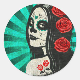 Sticker Rond Journée bleue vintage de la fille morte
