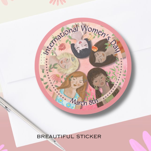 Sticker Rond Journée internationale de la femme Portraits fémin (International Women's Day Pink Feminine Portraits Classic Round Sticker)