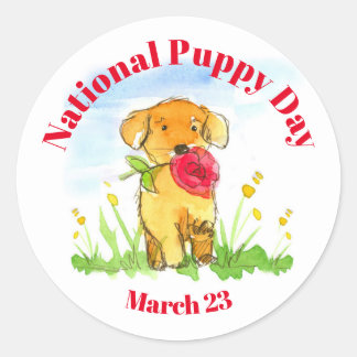 Sticker Rond Journée nationale des chiots 23 mars Aquarelle Chi
