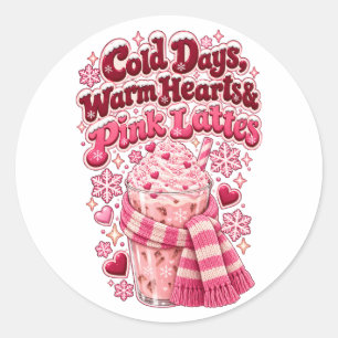 Sticker Rond Jours Froids Cœurs Chauds Noël Lattes Roses