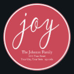Sticker Rond Joy Christmas Round Red Return Adresse Label<br><div class="desc">Ajoutez une touche festive à votre correspondance de vacances avec ces étiquettes d'adresse de retour de joie rouge et blanc.</div>