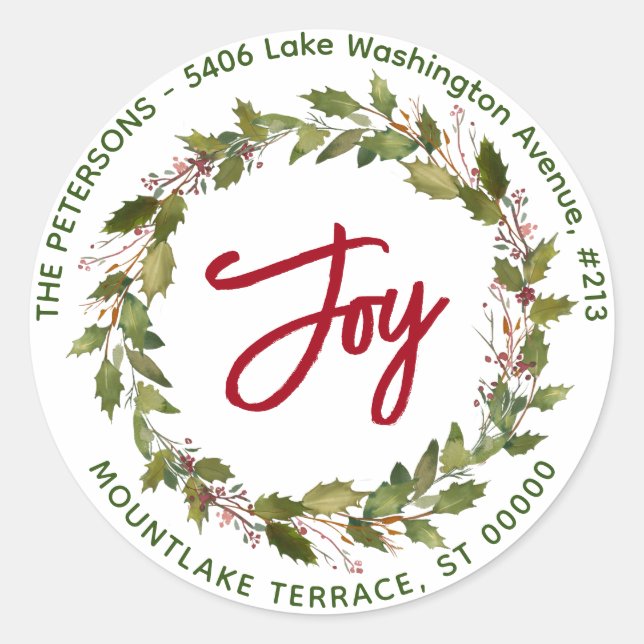 Sticker Rond Joy Christmas Wreath Holly Berries Adresse de reto (Devant)