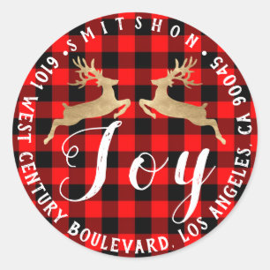 Sticker Rond Joy Deer Holiday Retour Adresse Buffalo PlaidGold