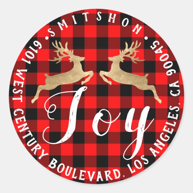 Sticker Rond Joy Deer Holiday Retour Adresse Buffalo PlaidGold (Devant)