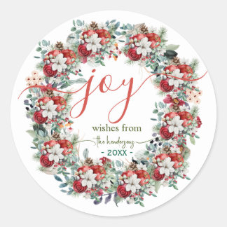 Sticker Rond Joy Handwritten Script Christmas Wreath Name Red