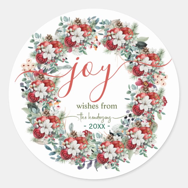 Sticker Rond Joy Handwritten Script Christmas Wreath Name Red (Devant)