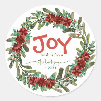Sticker Rond Joy Handwritten Script Name Red Christmas Wreath