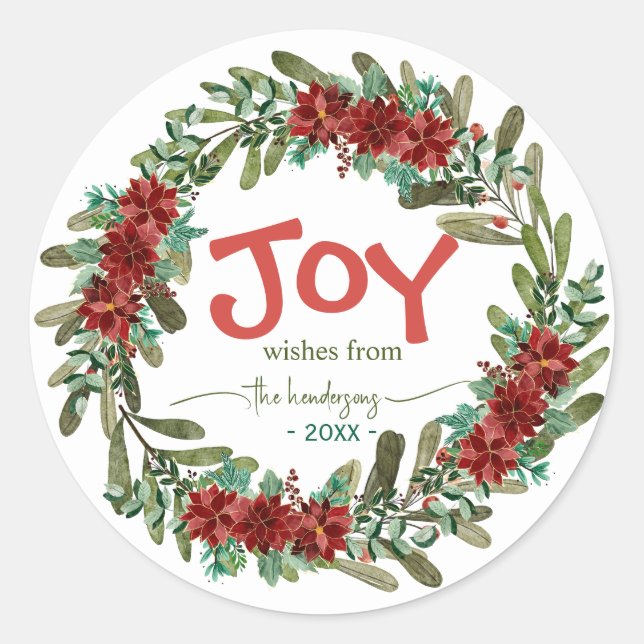 Sticker Rond Joy Handwritten Script Name Red Christmas Wreath  (Devant)