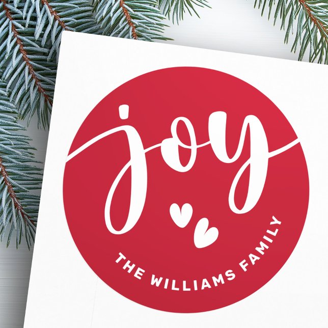 Sticker Rond Joy joyeux script typographie rouge nom Noël (Joy cute script typography red name Christmas Classic Round Sticker)